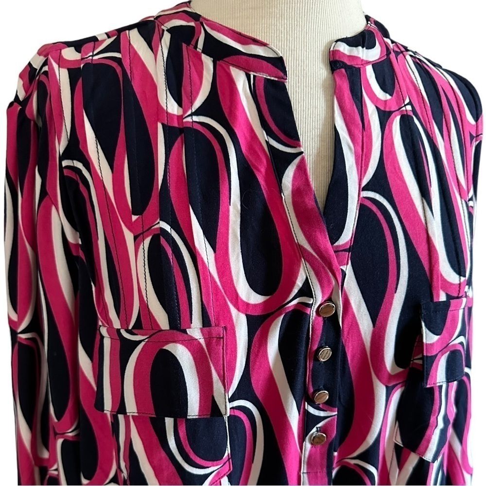 COCOMO 3X Navy Blue Pink Plus Size 3/4 sleeve women's Pintuck Blouse top s… - Picture 3 of 11